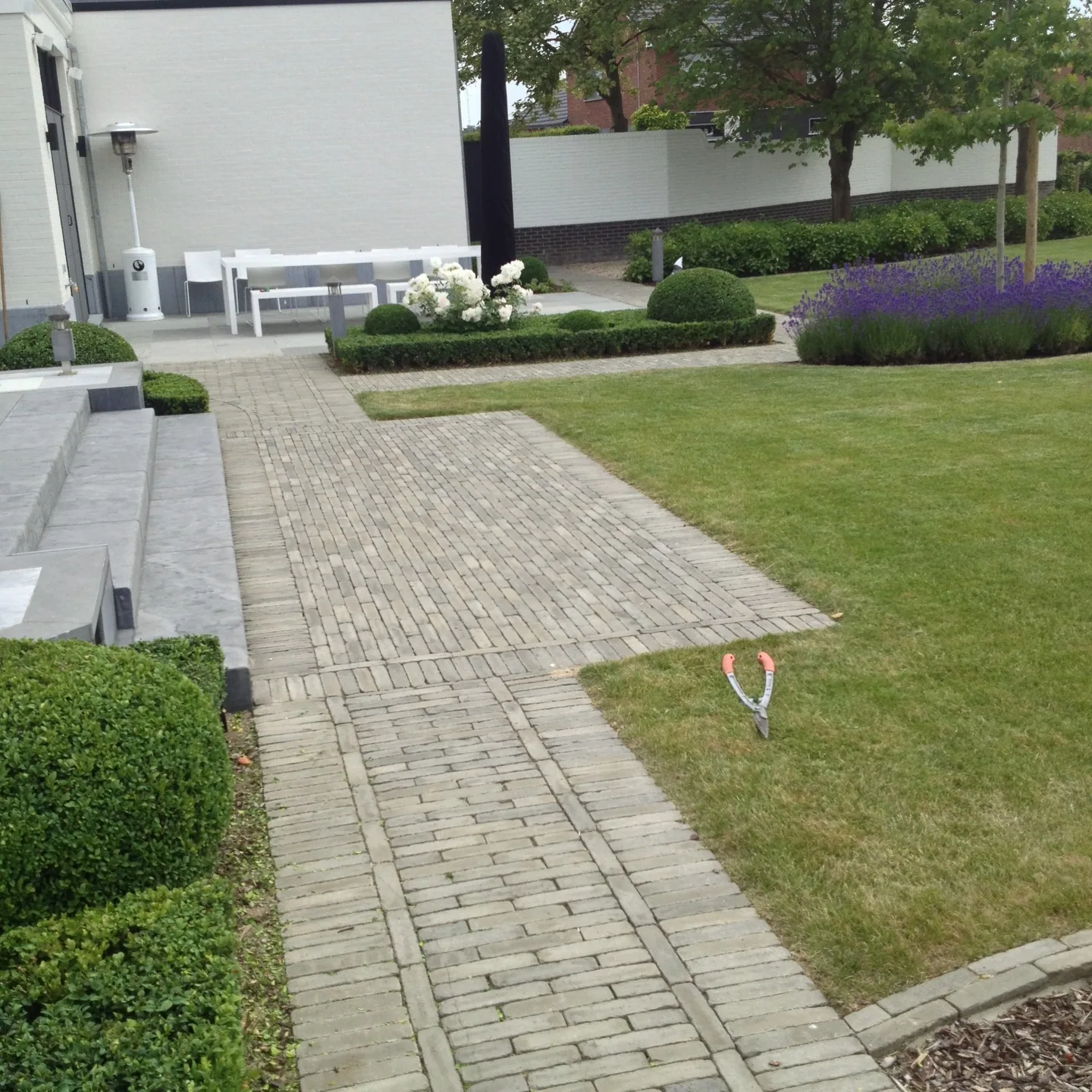 Verzorgde tuin met gesnoeide buxus, hortensia's en lavendel — Lumen bv
