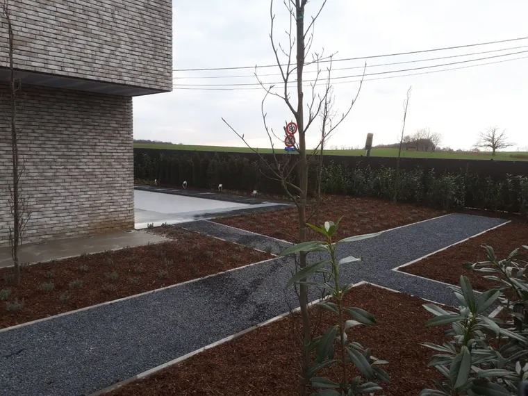 Aangelegde tuin met gazon en borders in Limburg